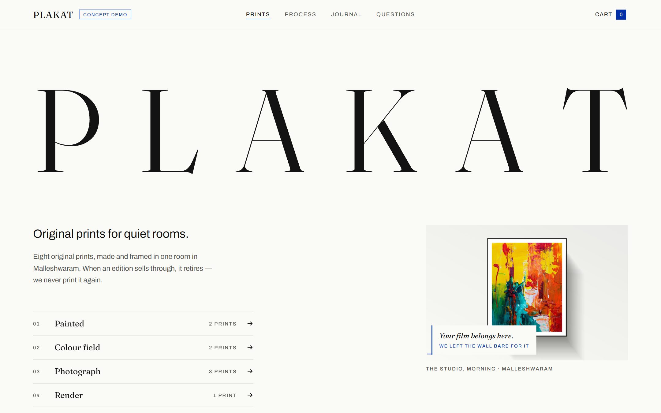 The Plakat homepage: an enormous serif PLAKAT wordmark on near-white paper above a print index