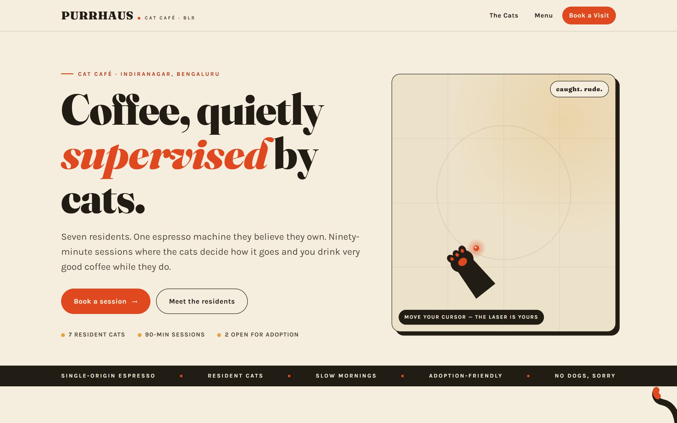 The Purrhaus homepage: the headline Coffee, quietly supervised by cats beside a laser-dot playground with a cat paw