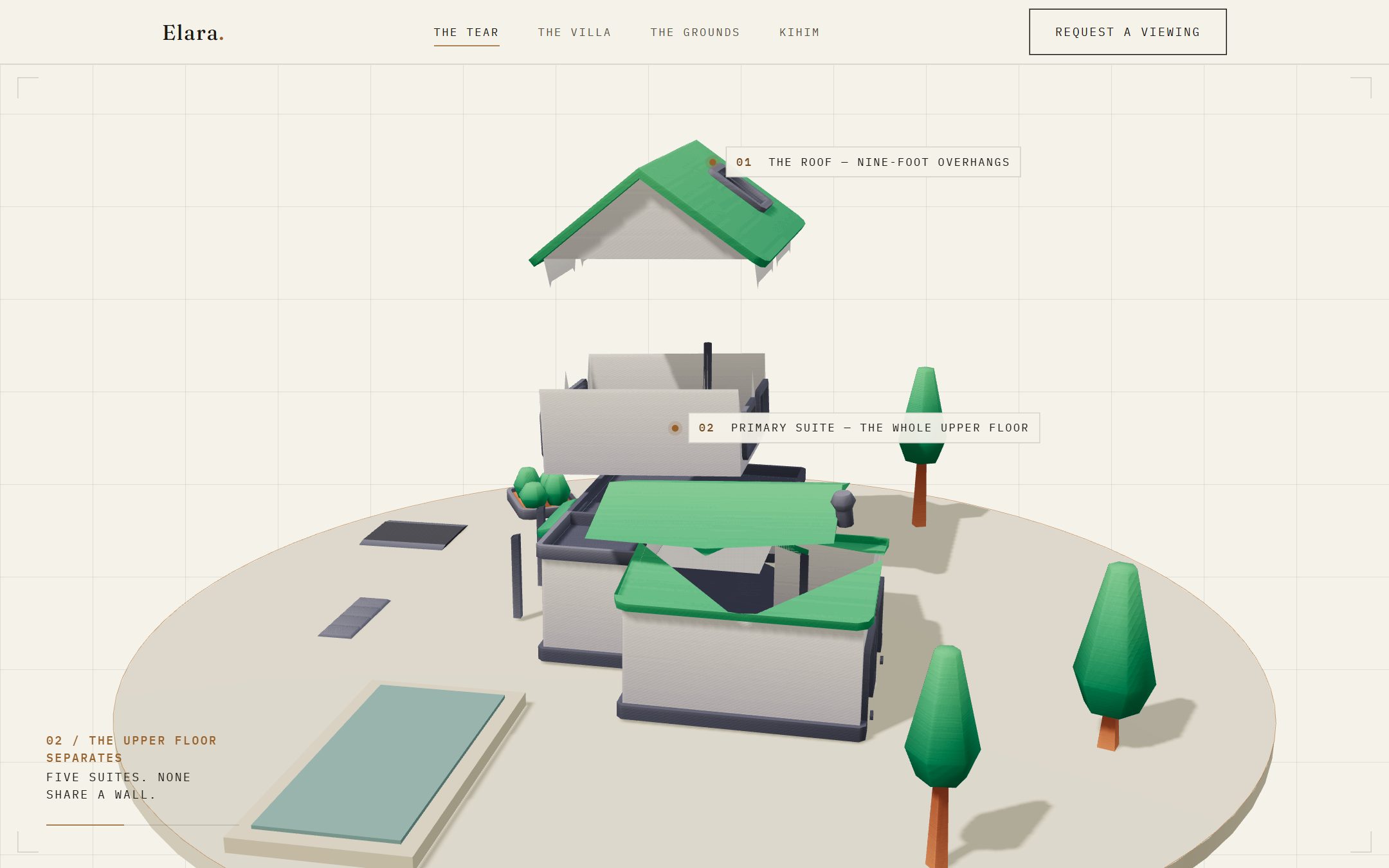 The Villa Elara tear: a 3D house mid-explosion, roof lifted away and upper floor separated, with drafting annotations